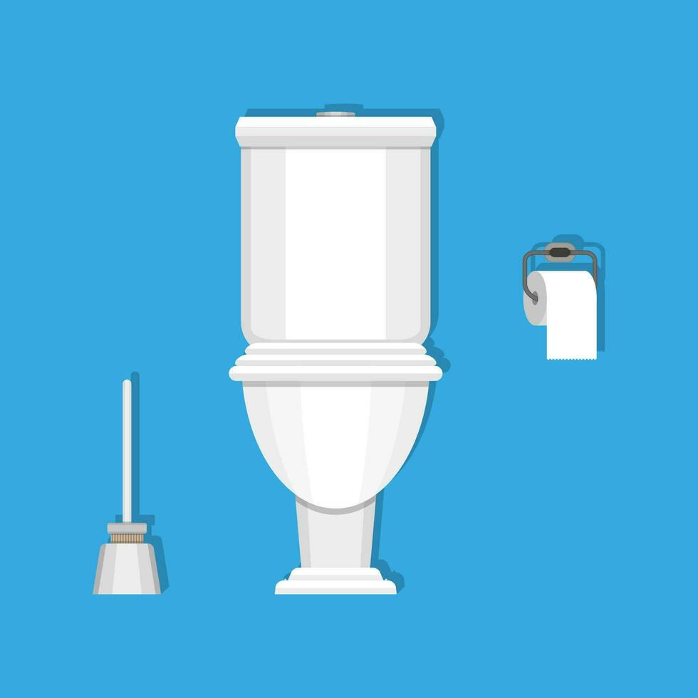 Weiß Keramik Toilette, Toilette Papier und Toilette Bürste. modern Toilette einstellen im eben Stil. Vektor Illustration auf Blau Hintergrund