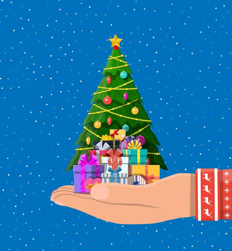 Weihnachten Baum dekoriert im Hand mit bunt Bälle, Girlande Beleuchtung, golden Stern. viele von Geschenk Boxen. Fichte immergrün Baum. Gruß Karte, festlich Poster. Neu Jahr. Vektor Illustration im eben Stil