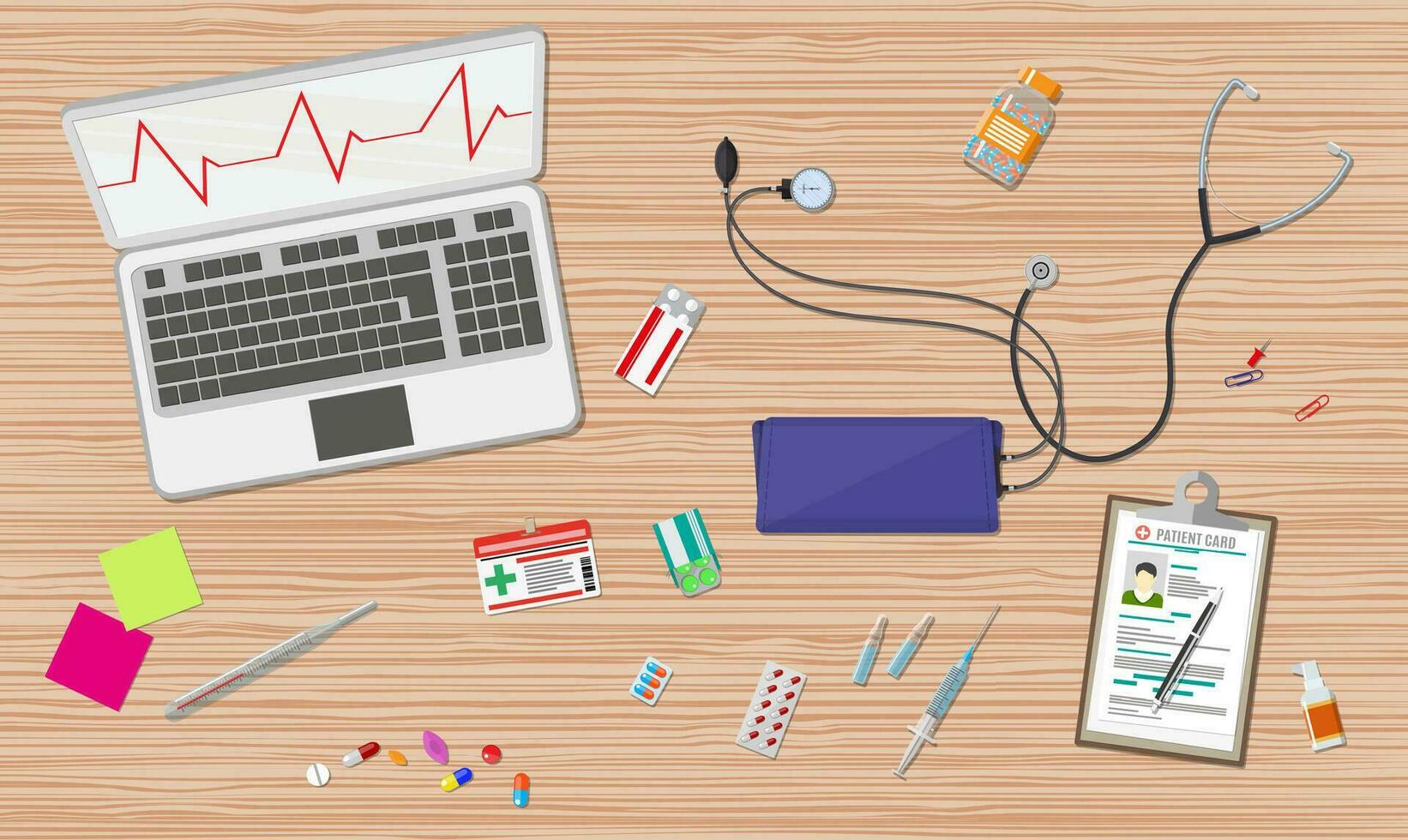 hölzern Ärzte Schreibtisch mit Laptop medizinisch und Gesundheitswesen Geräte und Pillen. Vektor Illustration im eben Stil