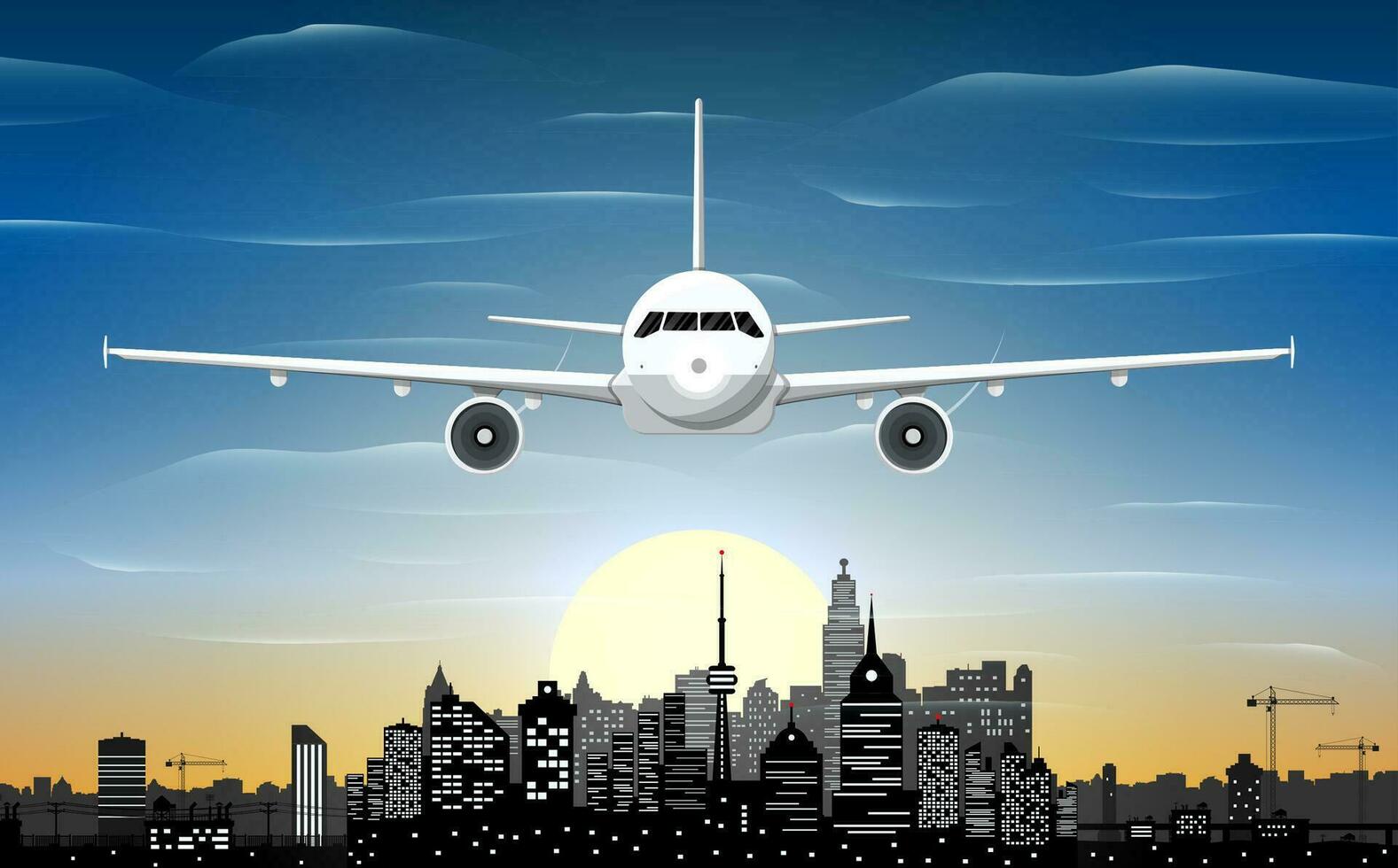 Flugzeug und Stadt Horizont Silhouette beim Sonnenuntergang. Wolkenkratzer, Türme, Büro und wohnhaft Gebäude. Stadtbild unter Himmel, Wolken und Sonne. Vektor Illustration