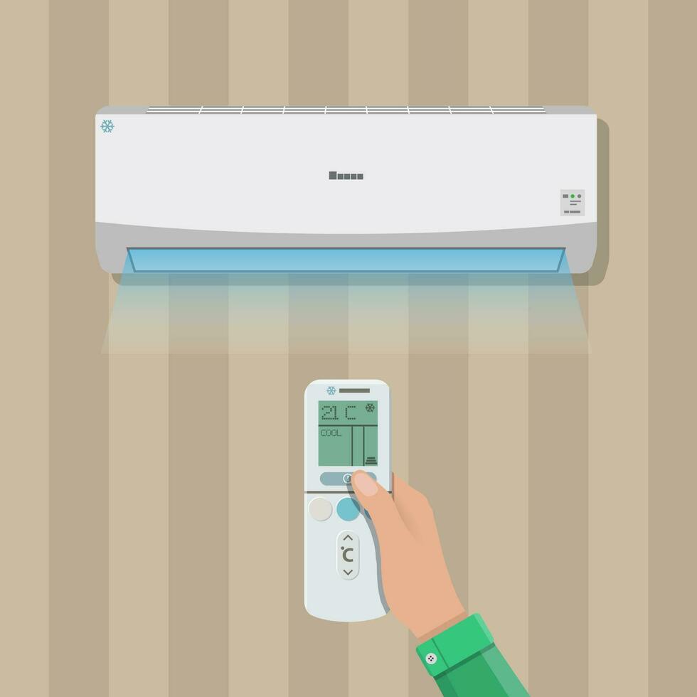 Luft Conditioner System. Hand mit Fernbedienung Steuerung und intern Einheit auf Mauer. Vektor Illustration im eben Stil