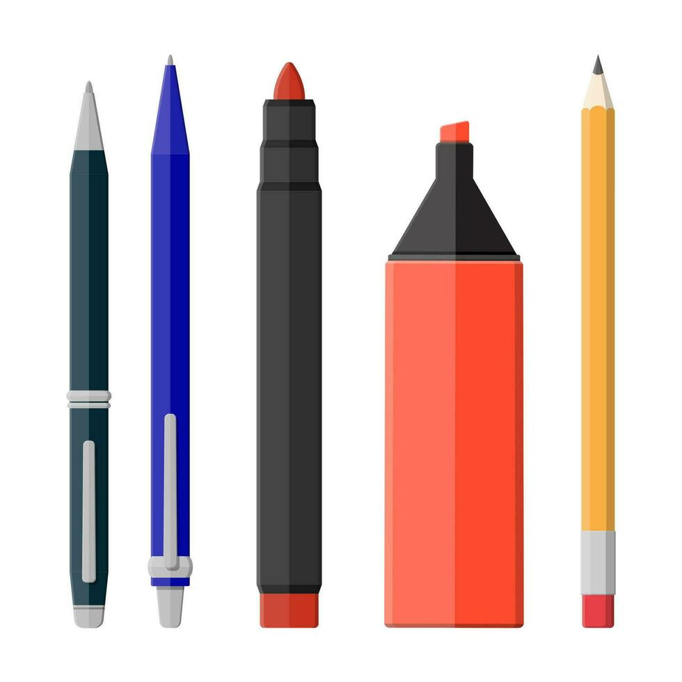 Stifte, Bleistift, Marker einstellen isoliert auf Weiß. Kugelschreiber Stift, Bleistift mit Gummi Radiergummi und fühlte Stift. Büro liefern und Schreibwaren Satz. Vektor Illustration im eben Stil