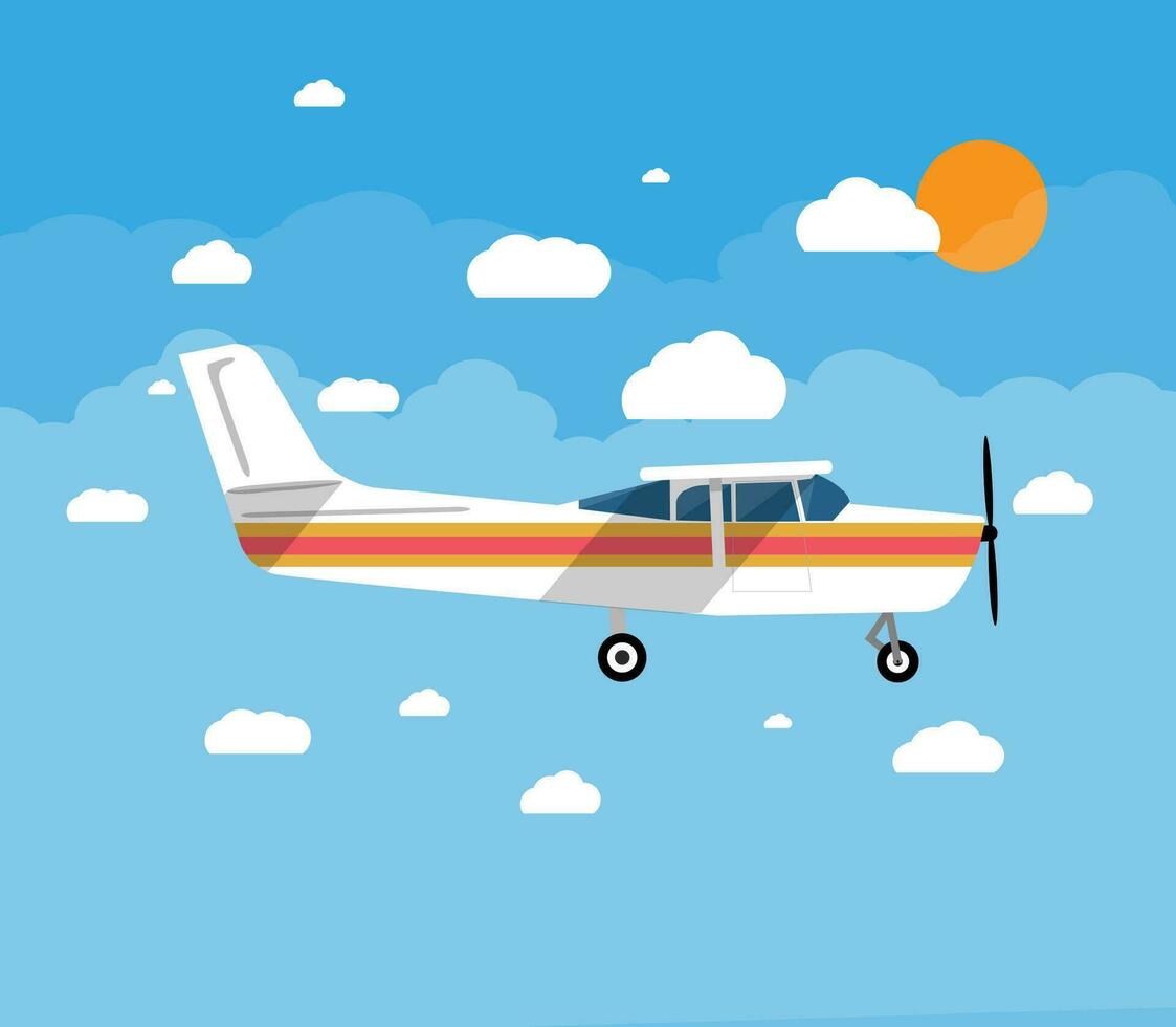 klein persönlich Flugzeug im Luft mit Himmel, Wolken und Sonne. Vektor Illustration im eben Stil