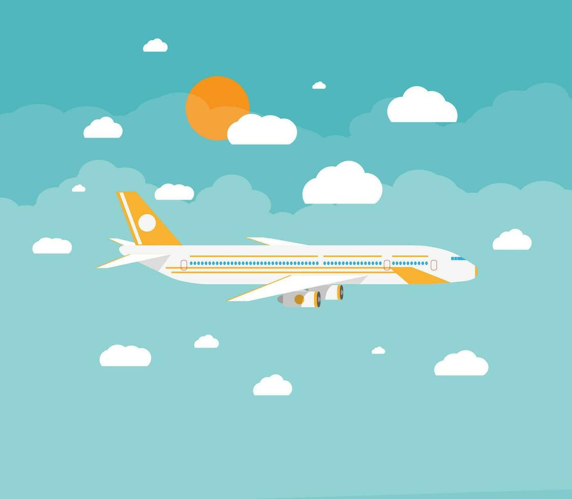 Bild von ein Zivilist Flugzeug mit Wolken und Sonne. Vektor Illustration im eben Design. Reise Konzept