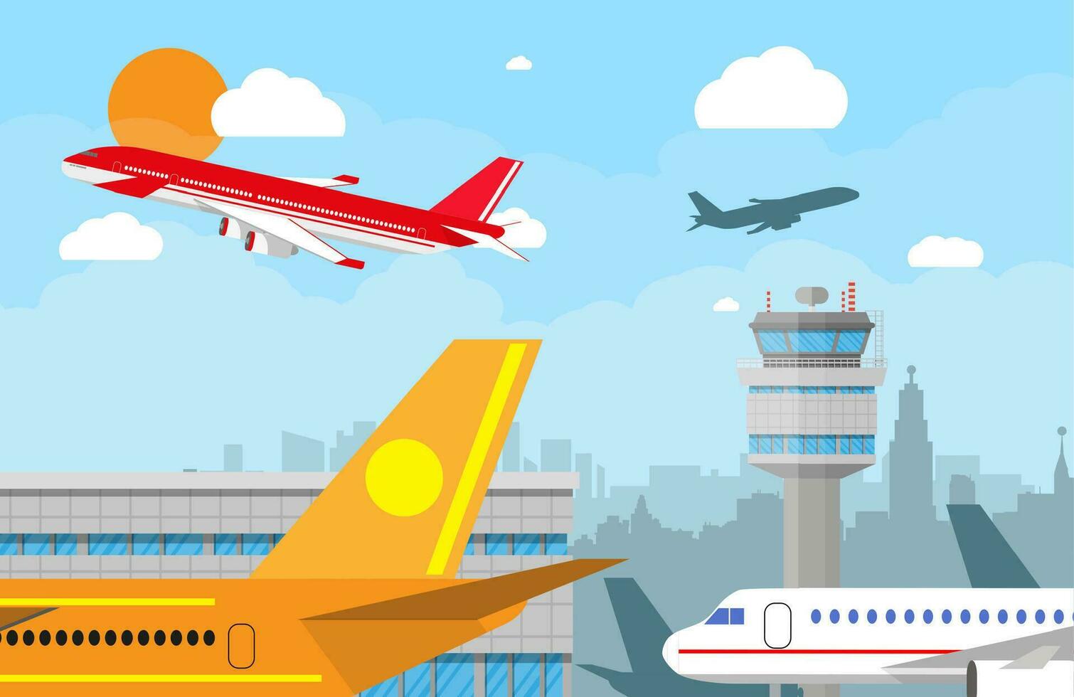 Karikatur Hintergrund mit grau Flughafen Steuerung Turm und fliegend rot bürgerlich Flugzeug nach nehmen aus im Blau Himmel mit Wolken, Sonne und Stadt Horizont Silhouette. Vektor Illustration im eben Design