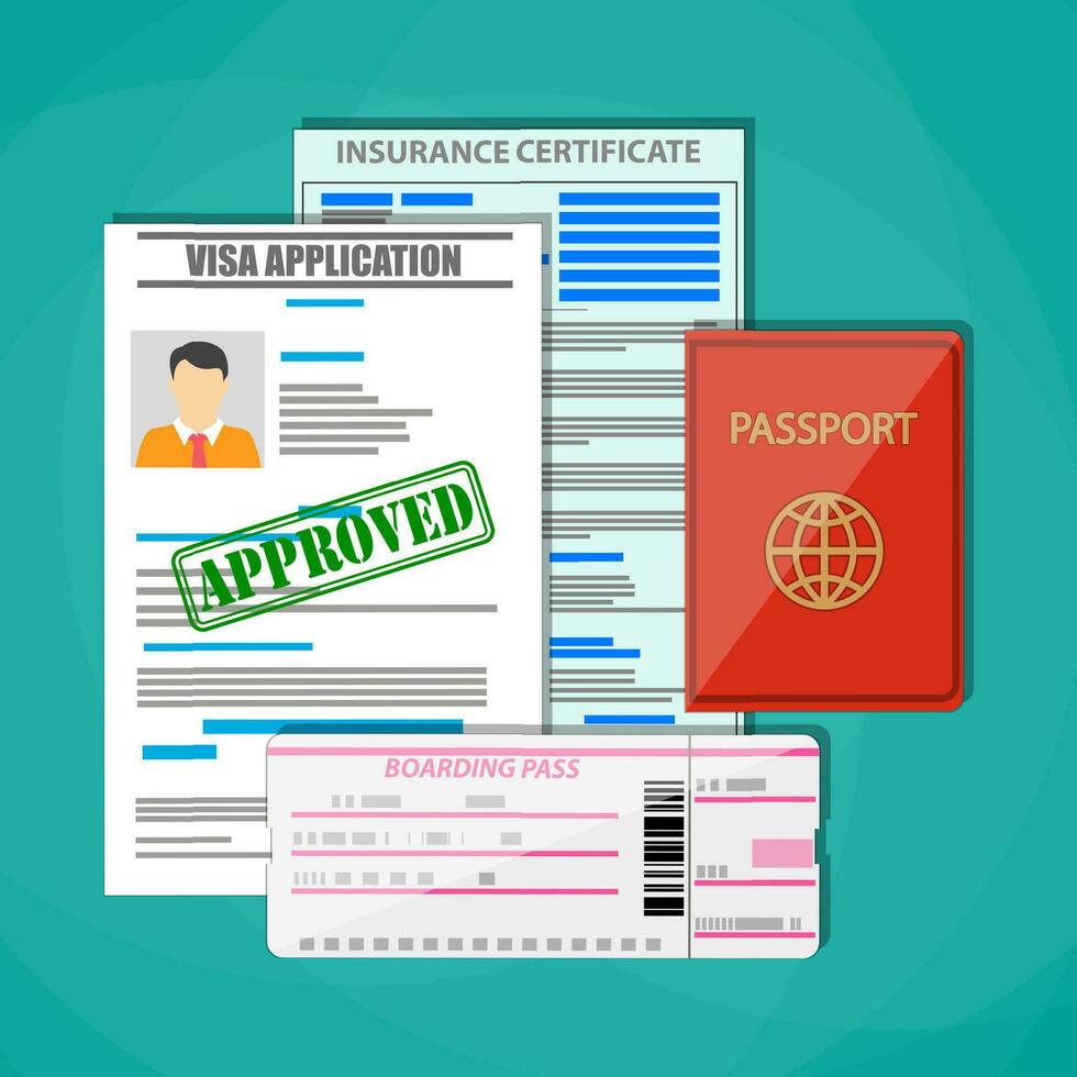 International Reisepass, genehmigt Visa Anwendung, Versicherung Zertifikat und Einsteigen bestehen Fahrkarte. Reise Konzept. Vektor Illustration im eben Stil auf Grün Hintergrund