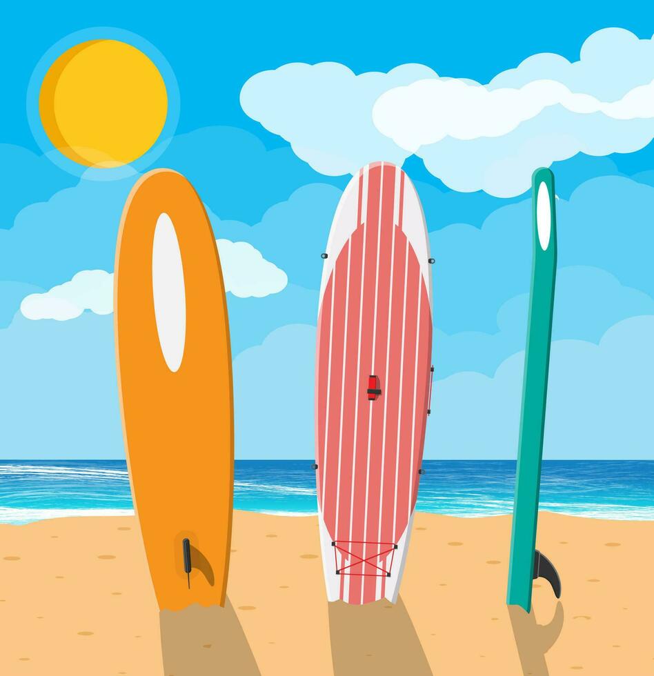 Landschaft Strand. Sonne mit Betrachtung im Wasser und Wolken. modern Surfbrett. Tag im tropisch Ort. Vektor Illustration im eben Stil