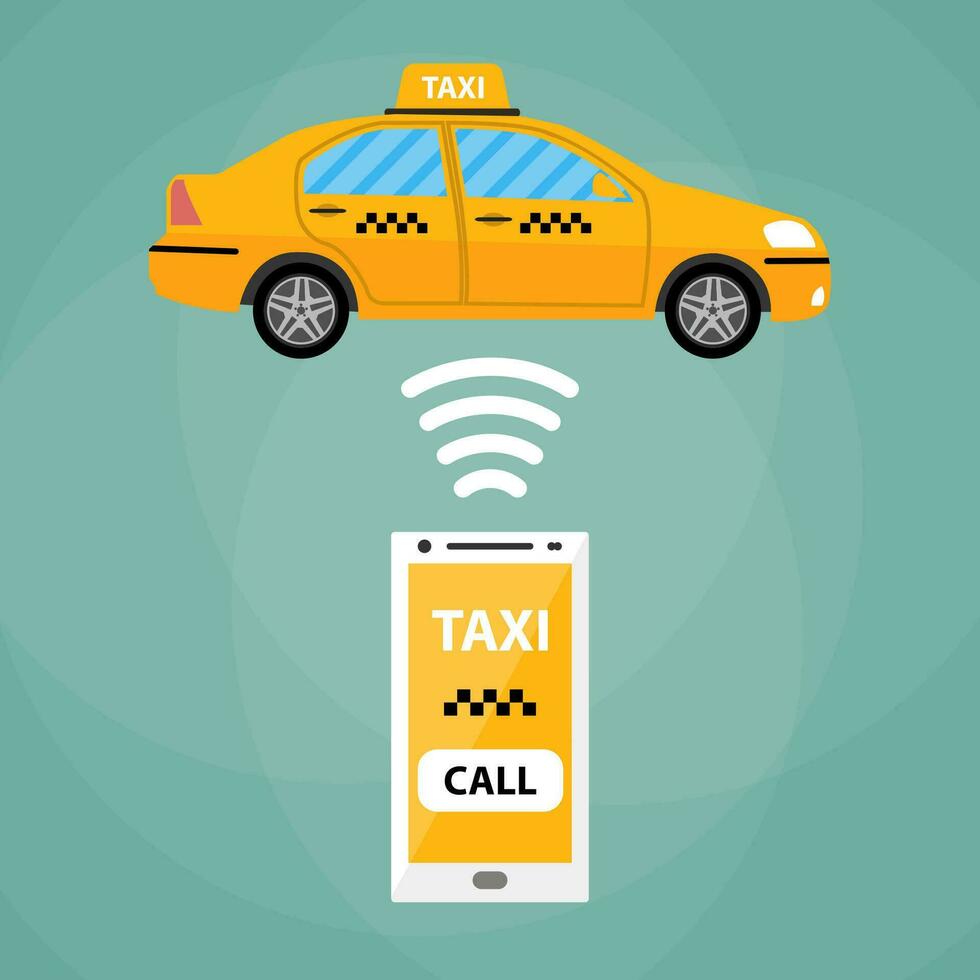 Taxi Handy, Mobiltelefon App Konzept. Weiß Smartphone mit Handy, Mobiltelefon App und Gelb Taxi Wagen. Taxi zum Smartphone. Anruf Taxi. Taxi Wagen. Vektor Illustration im einfach eben Design auf Grün Hintergrund