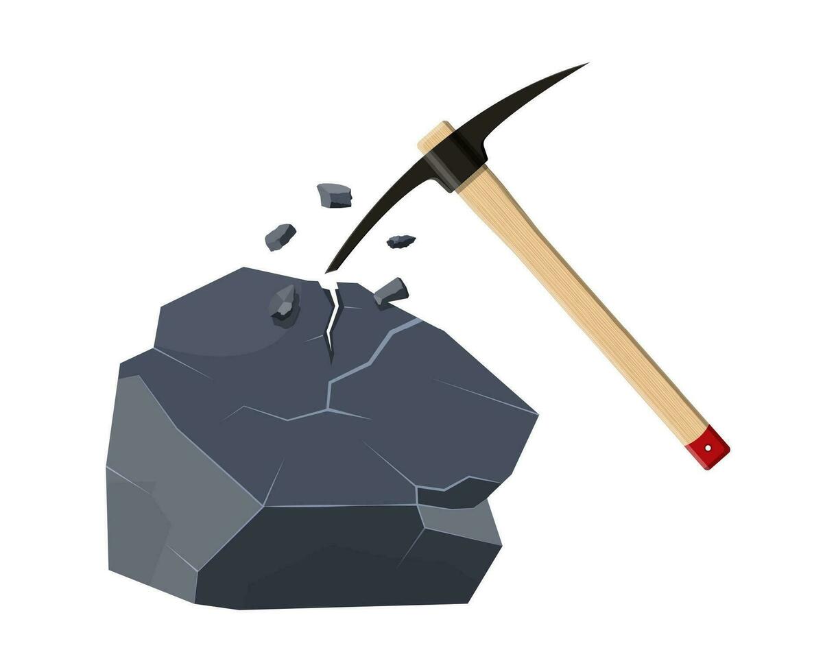 trä- pickaxe med järn dricks nd sten. gruvarbetare hand verktyg för extrahera mineraler. vektor illustration i platt stil