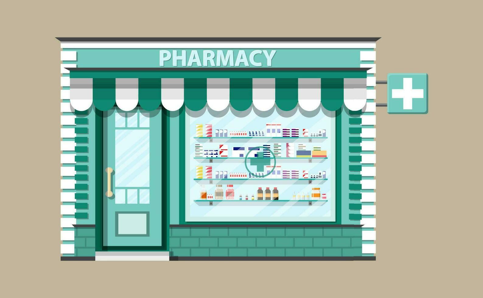 modern exteriör apotek eller apotek. medicin piller kapslar flaskor vitaminer och tabletter. vektor illustration i platt stil