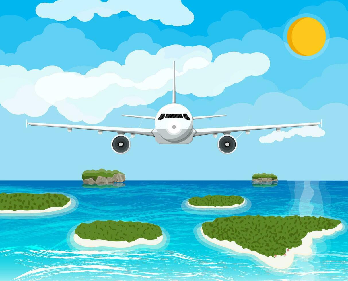 Aussicht Flugzeug im Himmel. tropisch Inseln mit Palme Baum im Ozean. Luft Reise oder Ferien Konzept. Sonne und Wolken. Vektor Illustration im eben Stil