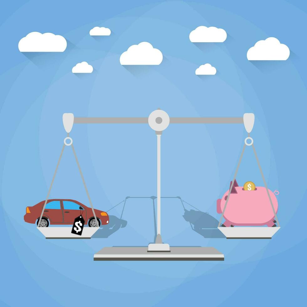 Budget Verbrauch Konzept mit Auto mit Preis Etikett und Schweinchen Bank auf Waage. Vektor Illustration auf Blau Hintergrund mit Wolken im eben Design.