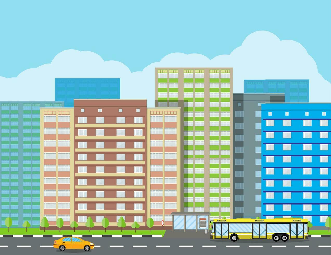 modern Stadt Sicht. Stadtbild mit Büro und wohnhaft Gebäude, Bäume, Straße mit Bus und Auto, Blau Hintergrund mit Wolken. Vektor Illustration im eben Stil