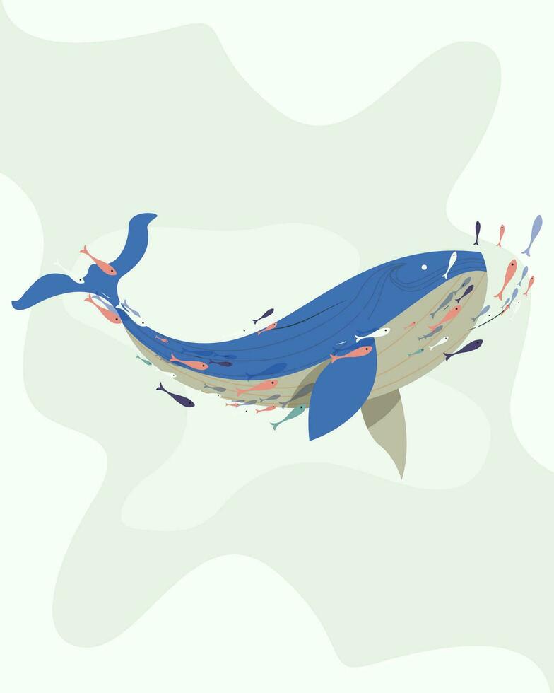 Wale schwimmen im das Meer mit klein Fisch. Leben im das Meer vektor