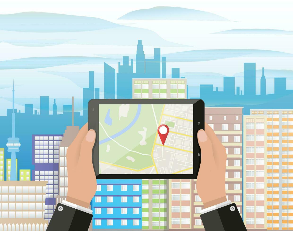 Karikatur Hand hält Smartphone oder Tablette pc mit Navigation App gegen Stadtbild im Tag. Navigation Konzept. eben Design. Vektor Illustration.