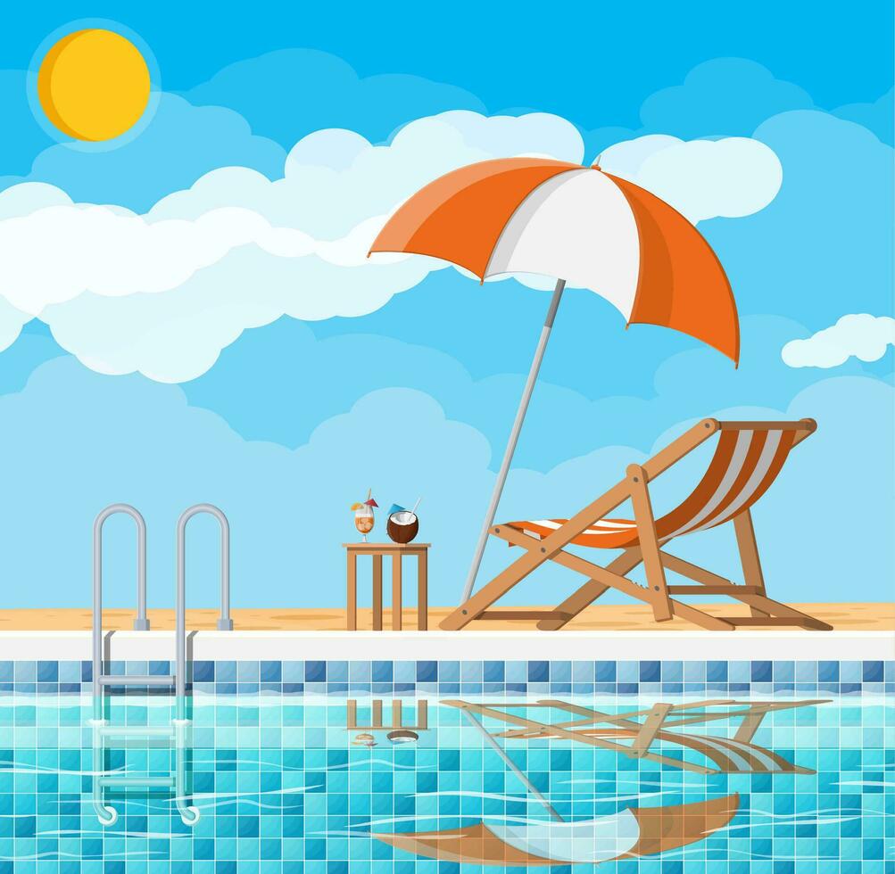 Schwimmen Schwimmbad und Leiter. Regenschirm, hölzern Liege. Tabelle mit Kokosnuss und Cocktail. Himmel, Wolken, Sonne. Ferien und Urlaub Konzept. Vektor Illustration im eben Stil
