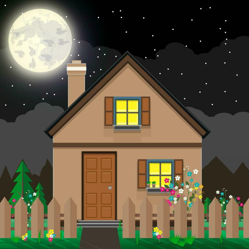 brun trä- hus och trädgård med blommor. berg, mörk himmel. måne. sommar natt bakgrund. vektor illustration i platt design