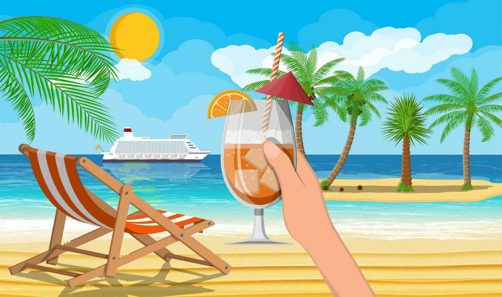 Glas von trinken Cocktail im Hand. Landschaft von Chaise Salon, Palme Baum auf Strand. Insel mit tropisch Bäume. Kreuzfahrt Liner Schiff. Sonne mit Betrachtung im Wasser und Wolken. Vektor Illustration eben Stil