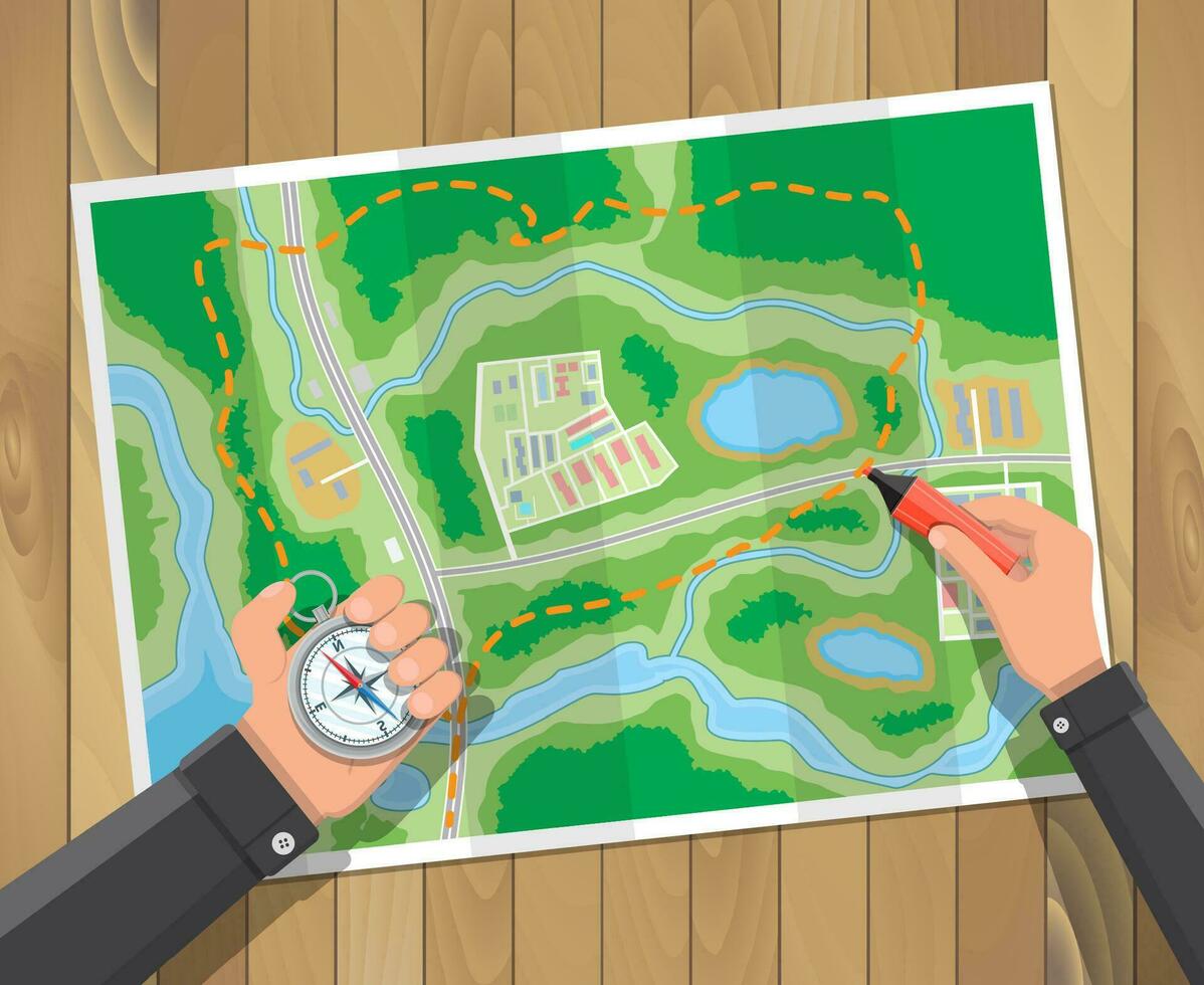 trä- tabell med papper Karta och kompass. markör i händer. planera resa. vektor illustration i platt stil