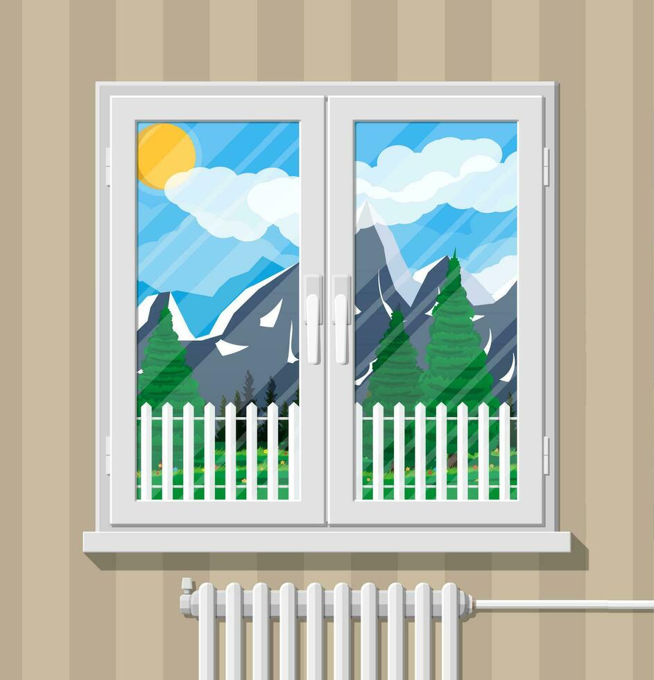 Sommer- Natur Landschaft mit Berge, Wald, Zaun, Himmel, Sonne und Wolken hinter Fenster . National Park. Vektor Illustration im eben Stil