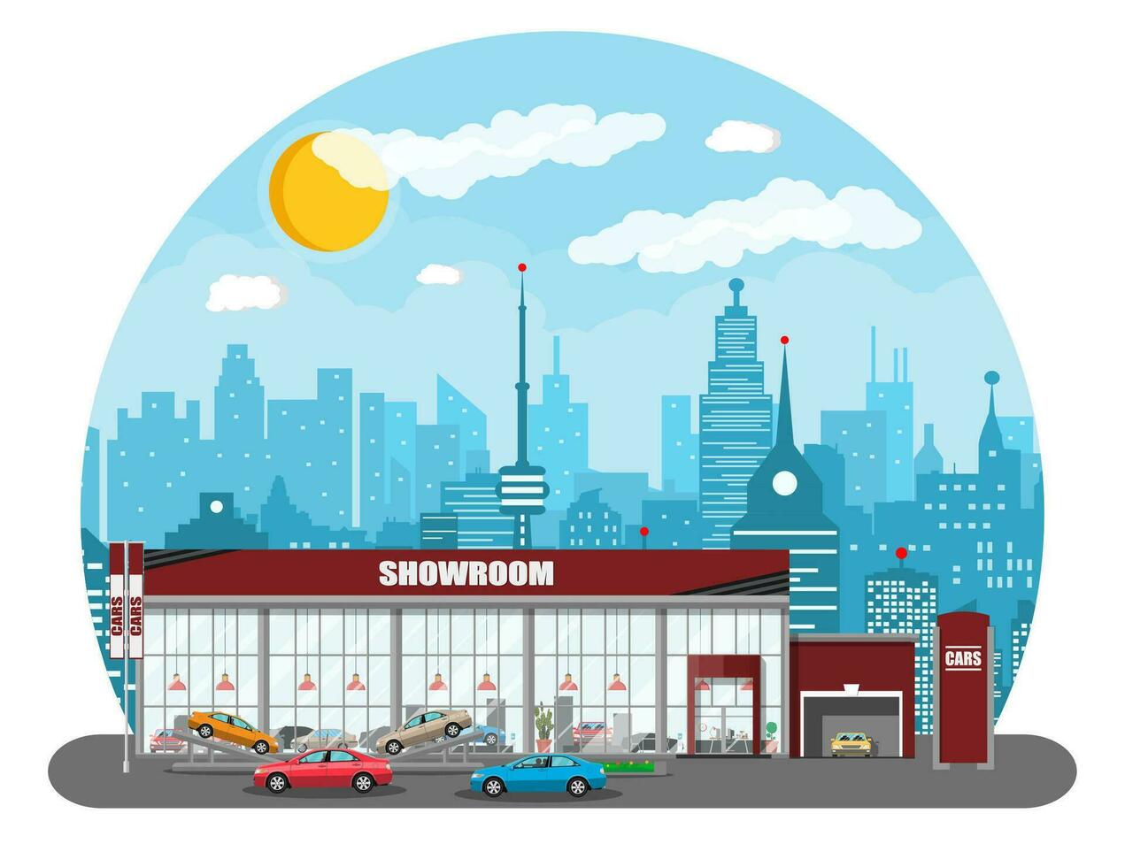 Ausstellung Pavillon, Ausstellungsraum oder Händler. Auto Ausstellungsraum Gebäude. Auto Center oder speichern. Auto Bedienung und Geschäft. Stadtbild, Straße, Haus, Himmel, Wolke und Himmel. Vektor Illustration im eben Stil