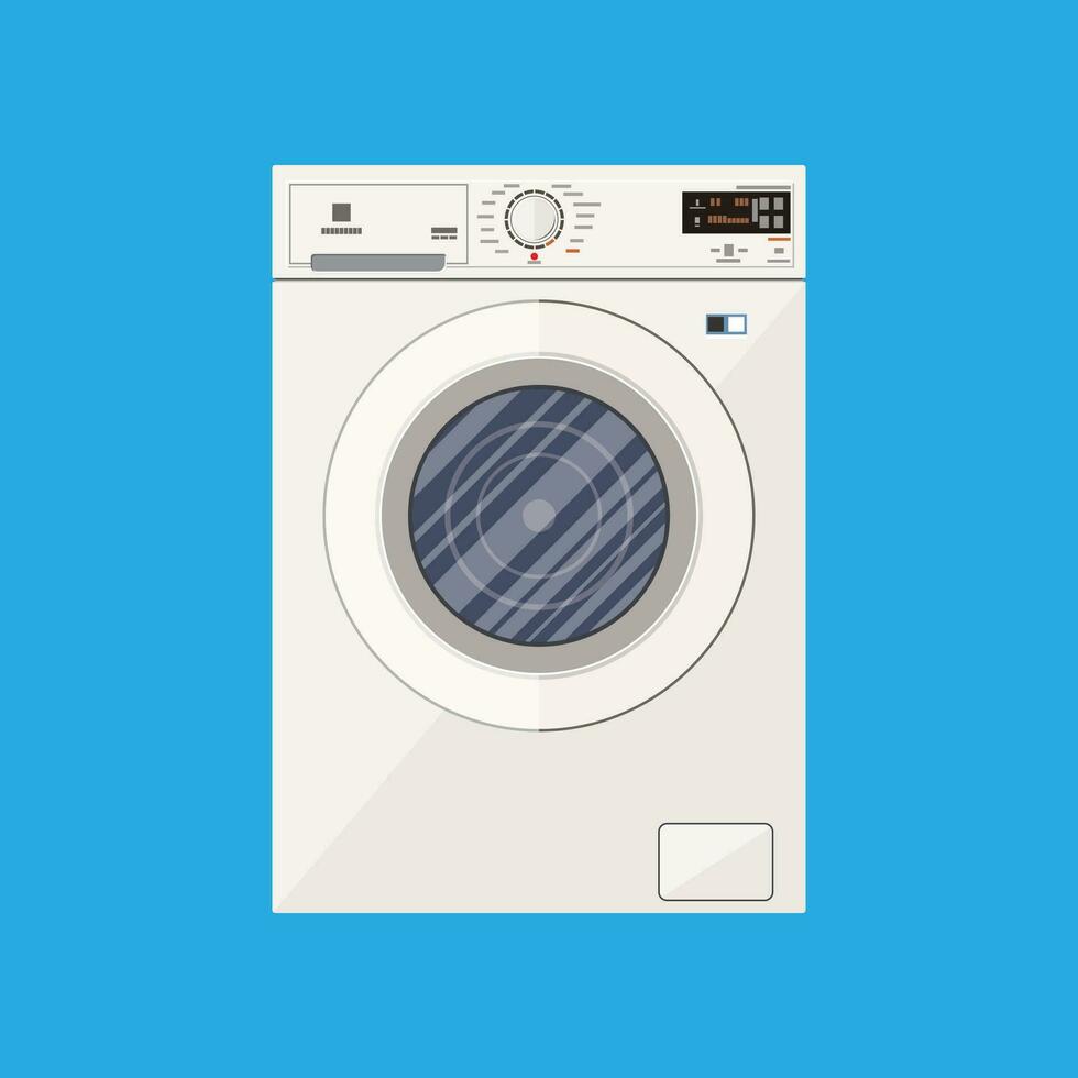 modern Weiß Waschen Maschine im eben Stil. Vorderseite Sicht. Vektor Illustration auf Blau Hintergrund