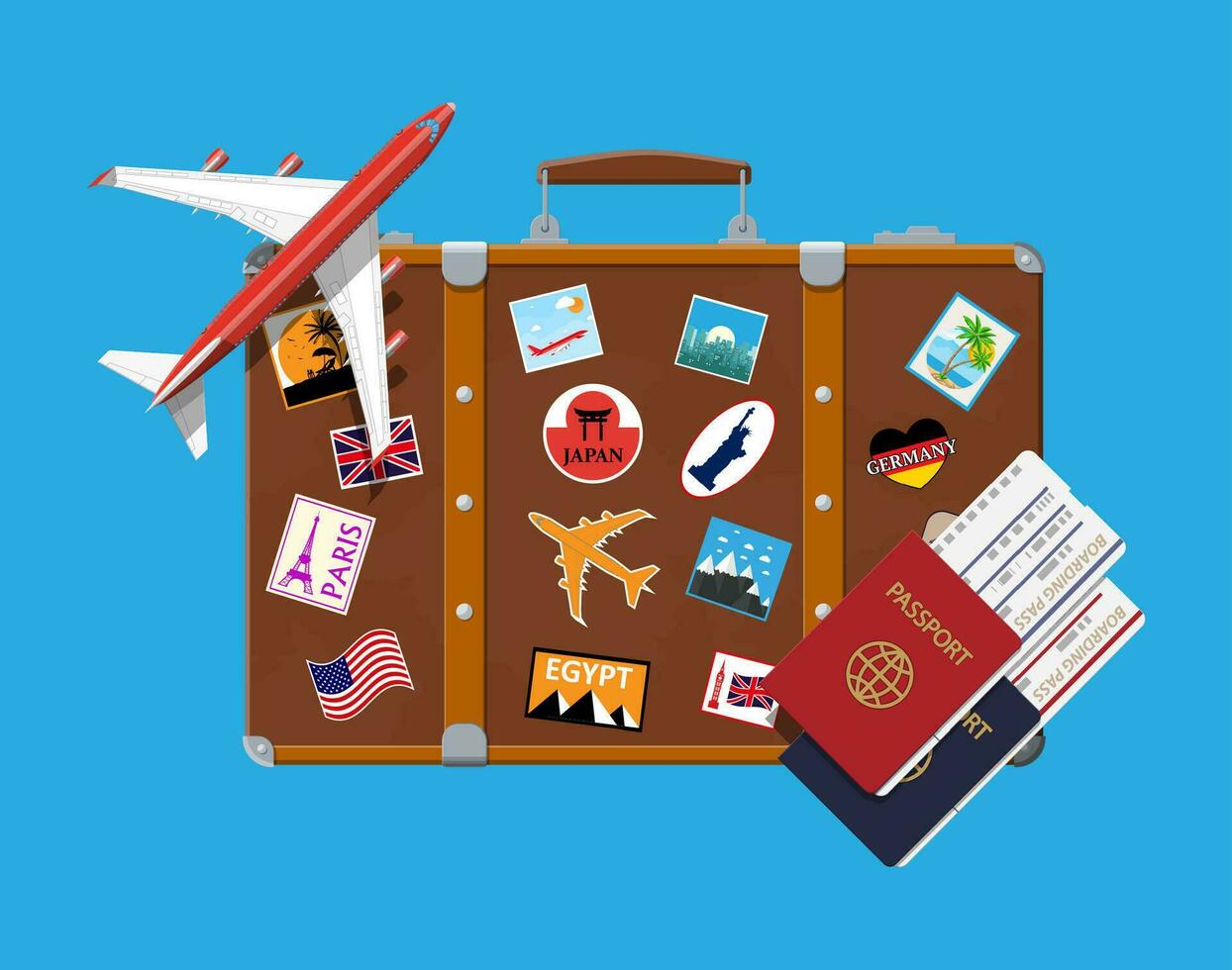Reise Koffer mit Aufkleber von Länder und Städte alle Über das Welt. Flugzeug. Reisepass und Einsteigen passieren. Ferien und Urlaub. Vektor Abbildung im eben Stil