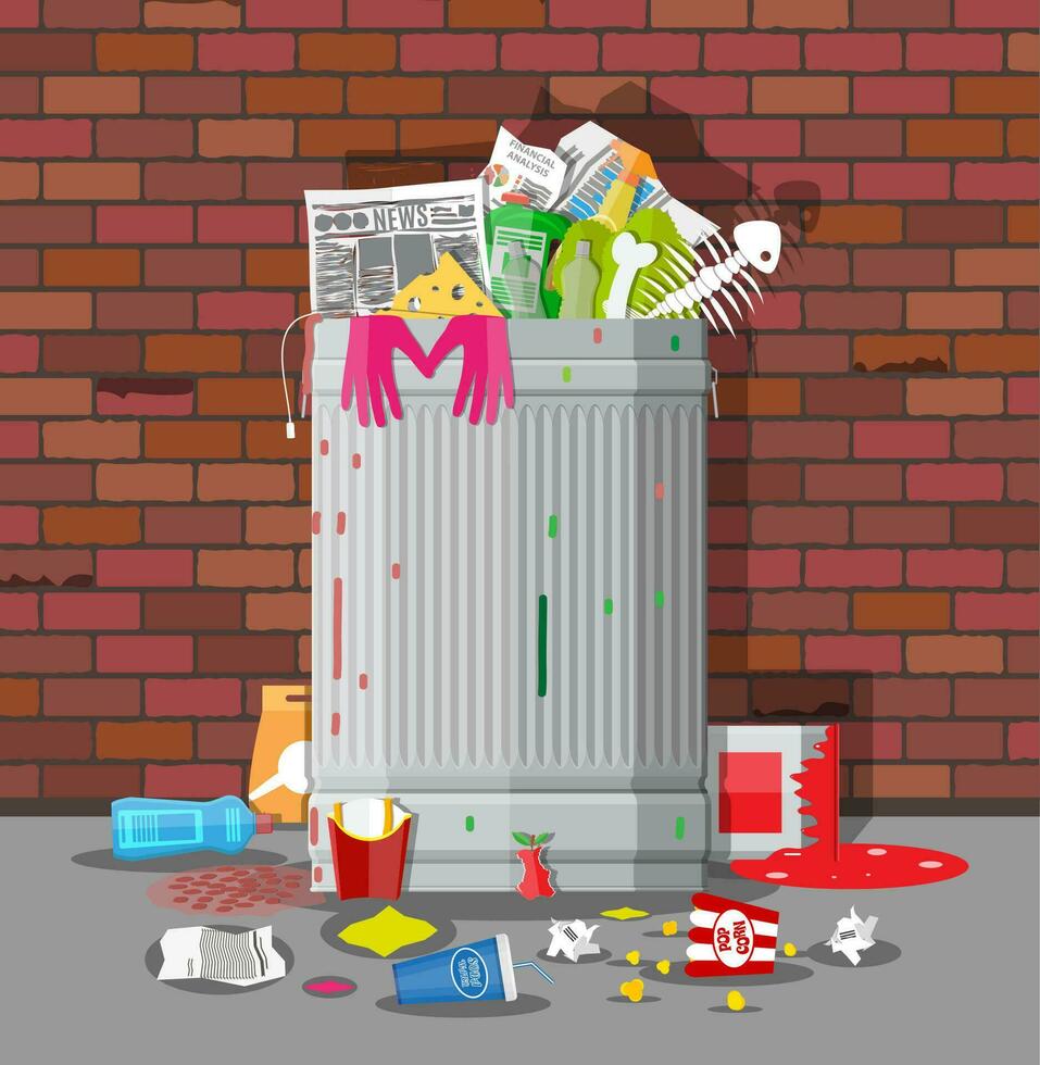 Stahl Müll Behälter voll von Müll. überfüllt Müll, Essen, verfault Frucht, Papiere, Behälter und Glas. Müll Recycling und Verwertung Ausrüstung. Abfall Verwaltung Vektor Illustration im eben Stil