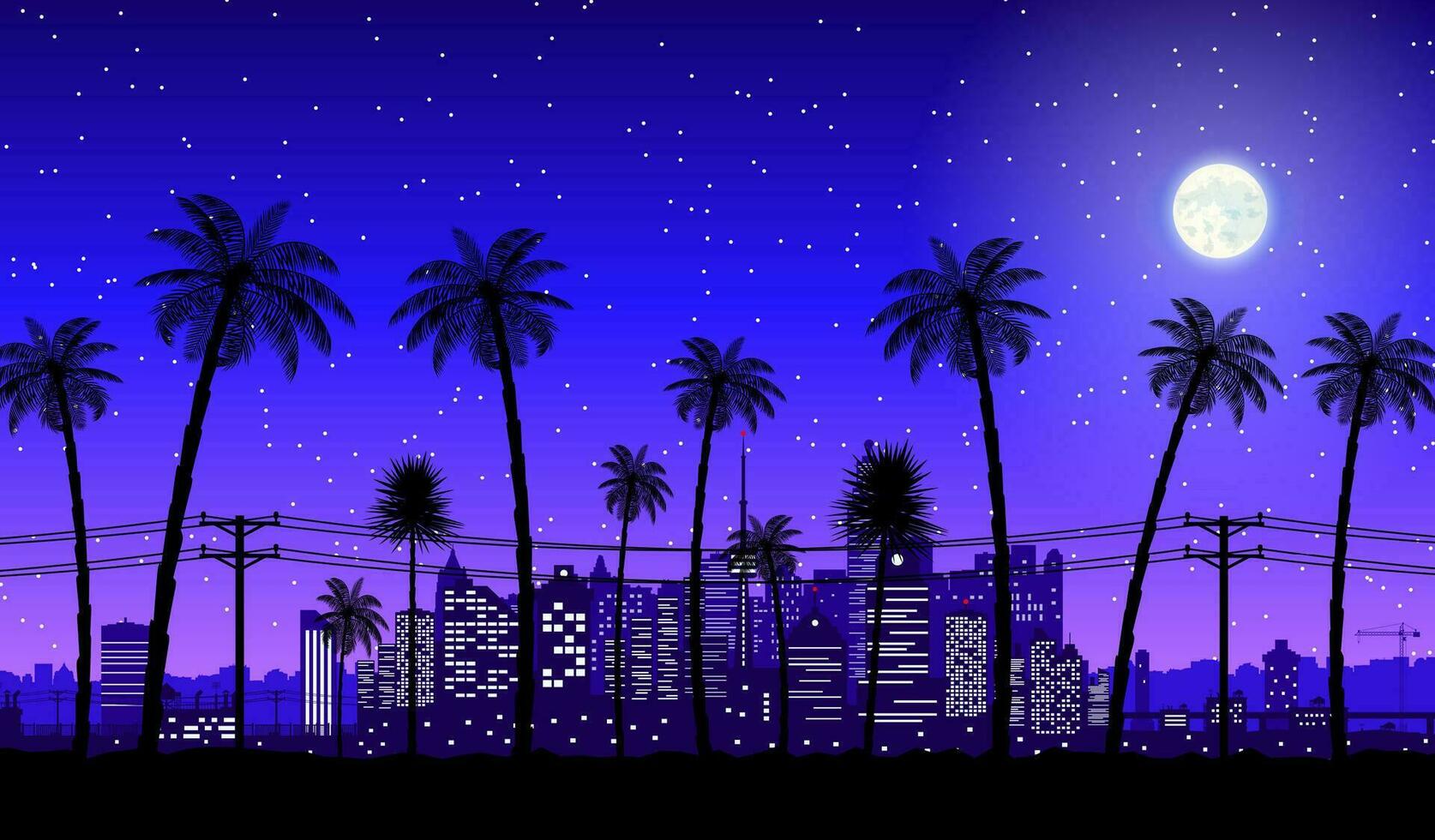 Stadt Horizont Silhouette beim Dämmerung. Wolkenkratzer, Türme, Büro und wohnhaft Gebäude. Stadtbild unter Nacht Himmel, Mond und Palme Baum. Vektor Illustration