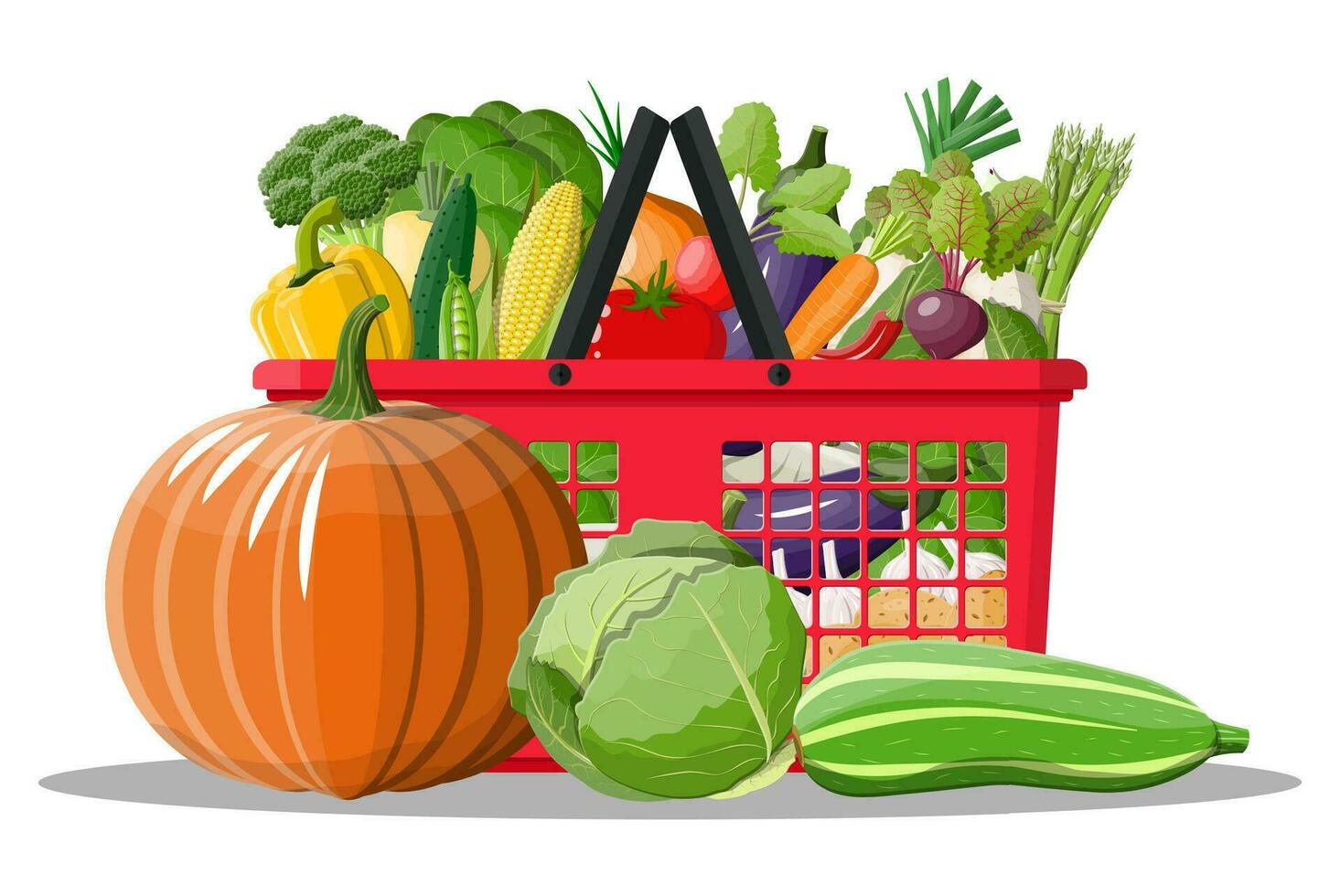 plast handla korg full av grönsaker. jordbruk färsk mat, organisk lantbruk Produkter. lök, kål, peppar, pumpa, gurka, tomat och Övrig grönsaker. vektor illustration platt stil