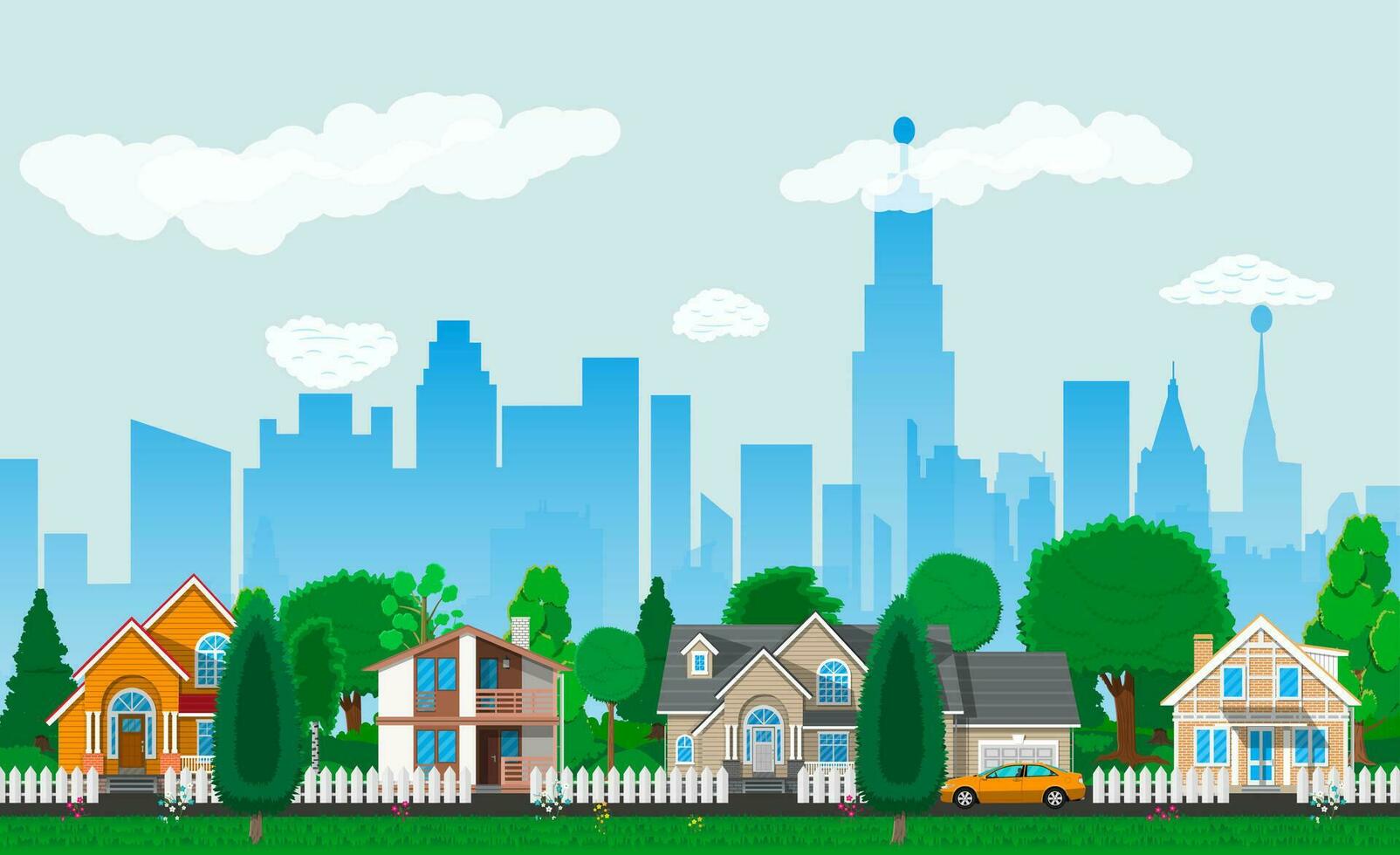 privat förorts hus med bil, träd, väg, himmel och moln. stadsbild. vektor illustration i platt stil