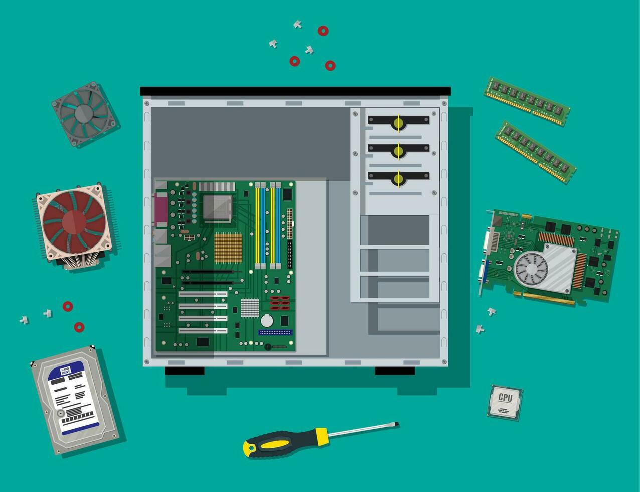 Hauptplatine, schwer Antrieb, Zentralprozessor, Fan, Grafik Karte, Speicher, Schraubendreher und Fall. Montage Stk. persönlich Computer Hardware. Vektor Illustration im eben Stil