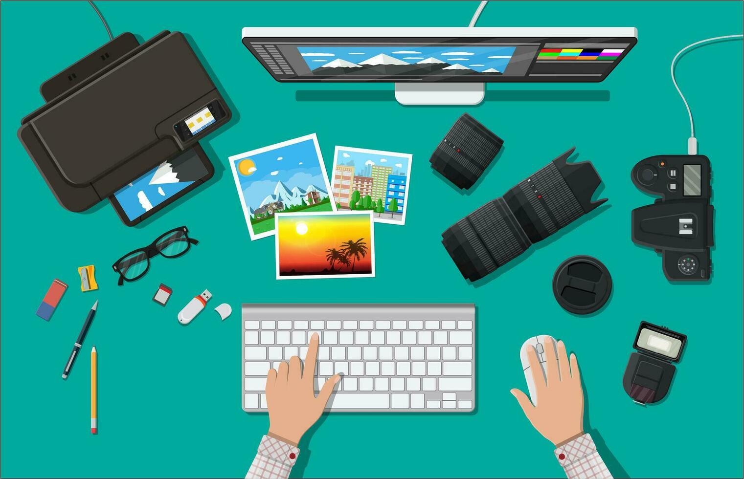 Arbeitsplatz von Fotograf. Desktop PC, Drucker. modern Foto Kamera, blinken, Linse und Erinnerung Karte. Fachmann Gerät zum Fotografie. Digital Fotos und Drucken. Vektor Illustration im eben Stil