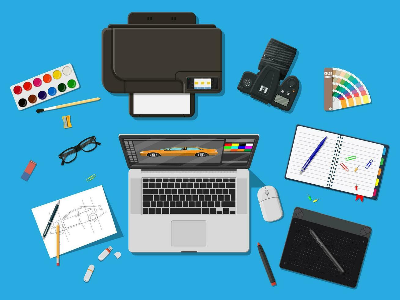 Designer Arbeitsplatz. Illustrator Desktop mit Werkzeug. Laptop PC, Foto Kamera, Maus, Gläser, Anmerkungen, Stift, Drucker. skizzieren auf Papier leer und Grafik Tablette. Vektor Illustration im eben Stil