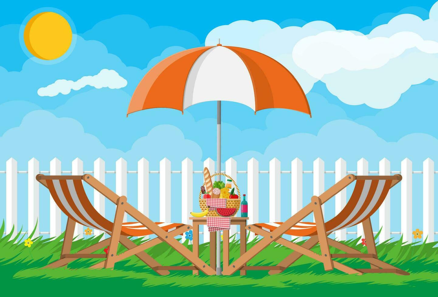 Sol solstol, paraply, tabell med korg- picknick korg full av Produkter, vin, korv, bacon och ost, äpple, tomat, gurka, sallad juice. picknick i natur. vektor illustration i platt stil