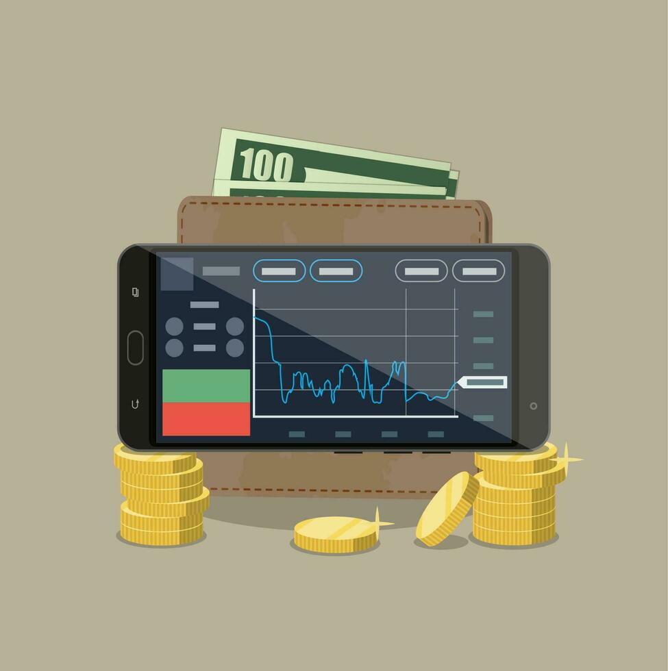 Smartphone mit Handel Anwendung, Brieftasche mit Dollar Kasse und Stapel von Gold Münzen. Handy, Mobiltelefon Internet Bestände Handel. Vektor Illustration im eben Stil auf braun Hintergrund