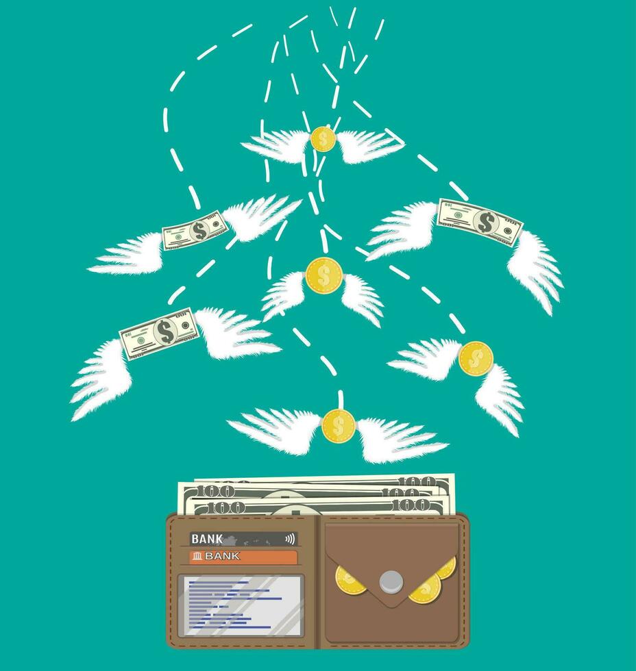 dollar och mynt med vingar flygande i plånbok. pris, pengar löner, inkomst, besparingar, investering. vektor illustration i platt stil
