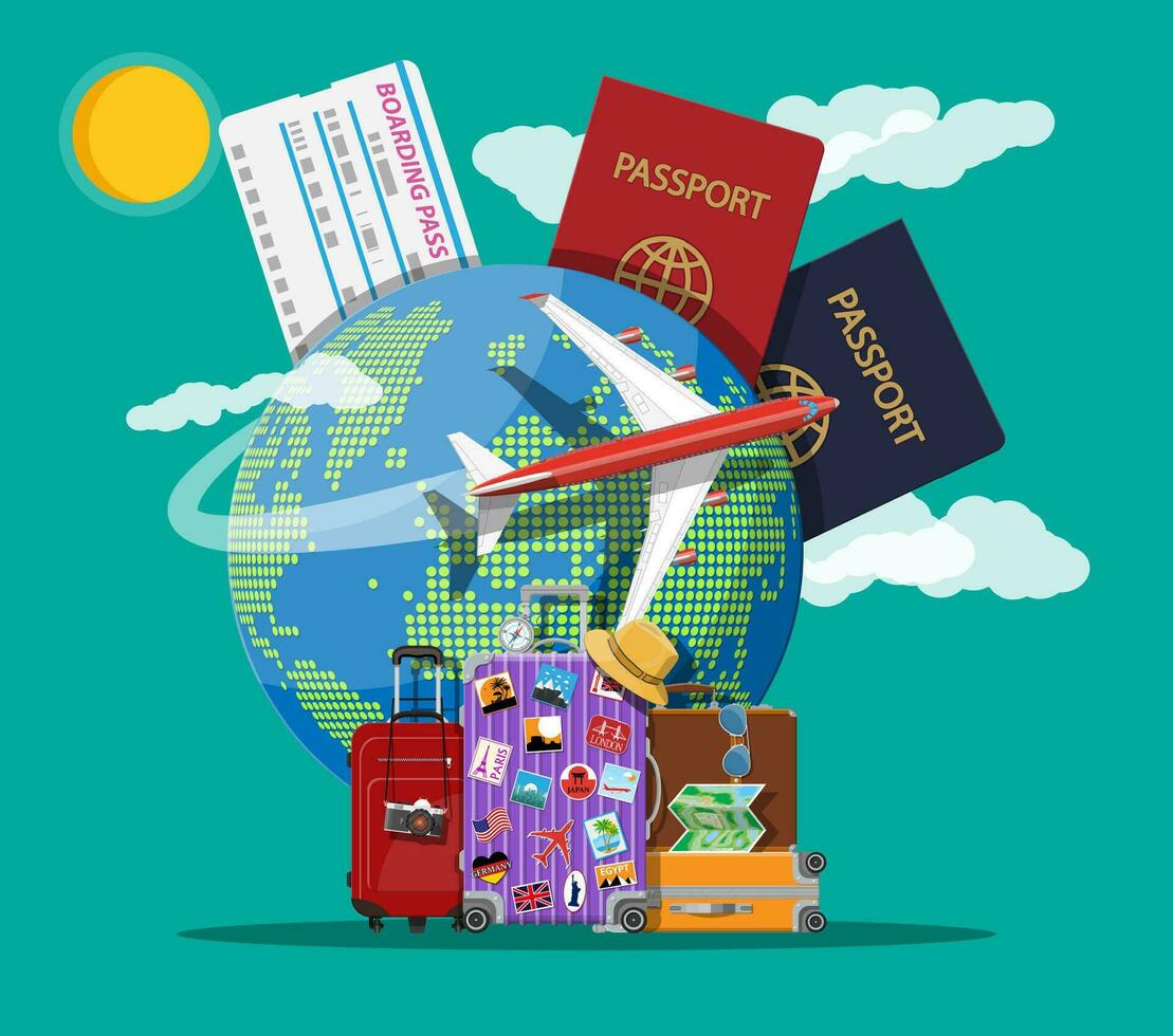 Reise Koffer mit Aufkleber von Länder und Städte alle Über das Welt. Globus mit Reise Reiseziele, Flugzeug. Reisepass und Einsteigen passieren. Ferien und Urlaub. Vektor Abbildung im eben Stil