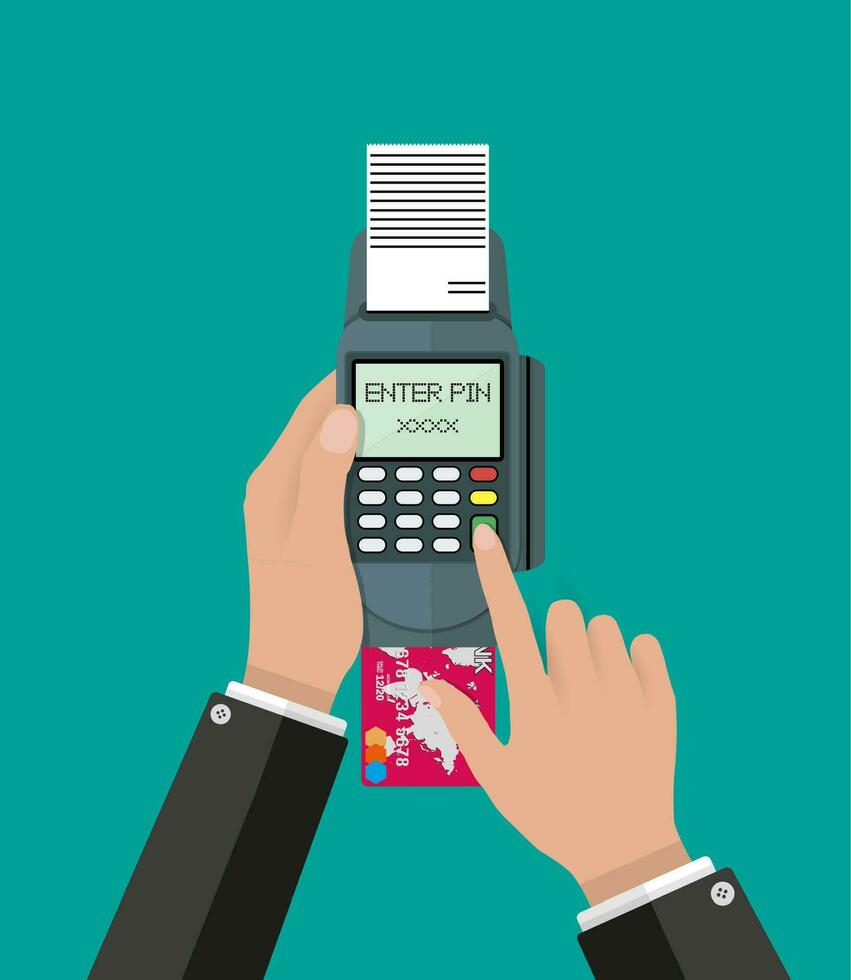 hand affärsmän går in en stift koda för en Bank kort på de betalning pos terminal. vektor illustration i platt stil