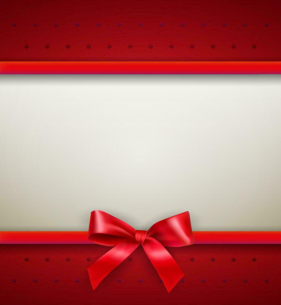 vit text plats med röd band och rosett på röd bakgrund med prickar och stjärnor. mall för hälsningar jul ny år kort. vektor illustration
