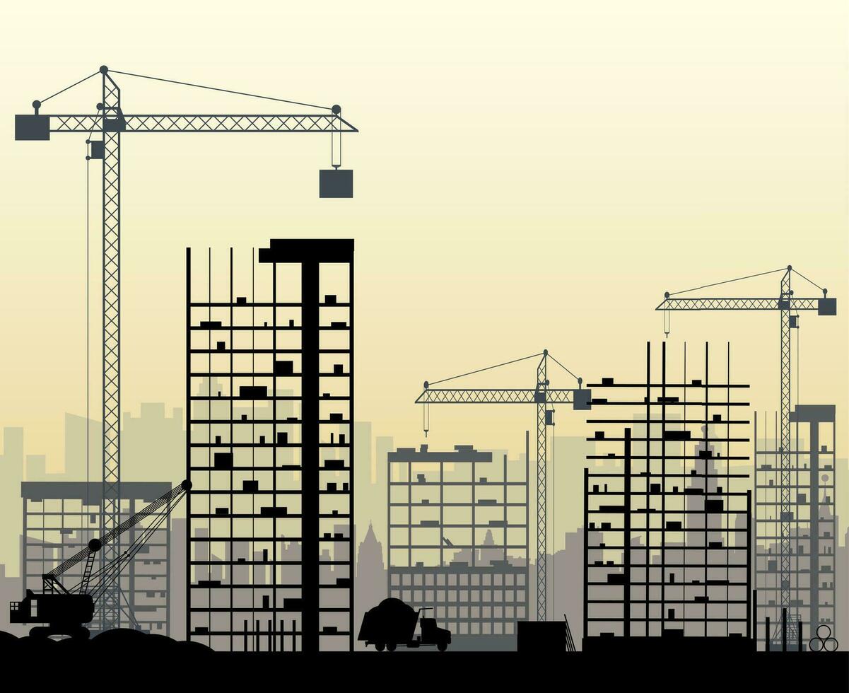 Konstruktion Seite? ˅ mit Gebäude und Kräne. Wolkenkratzer unter Konstruktion. Bagger, Dump LKW, Kipper. Vektor Illustration, nebelig Himmel und Stadtbild Silhouette