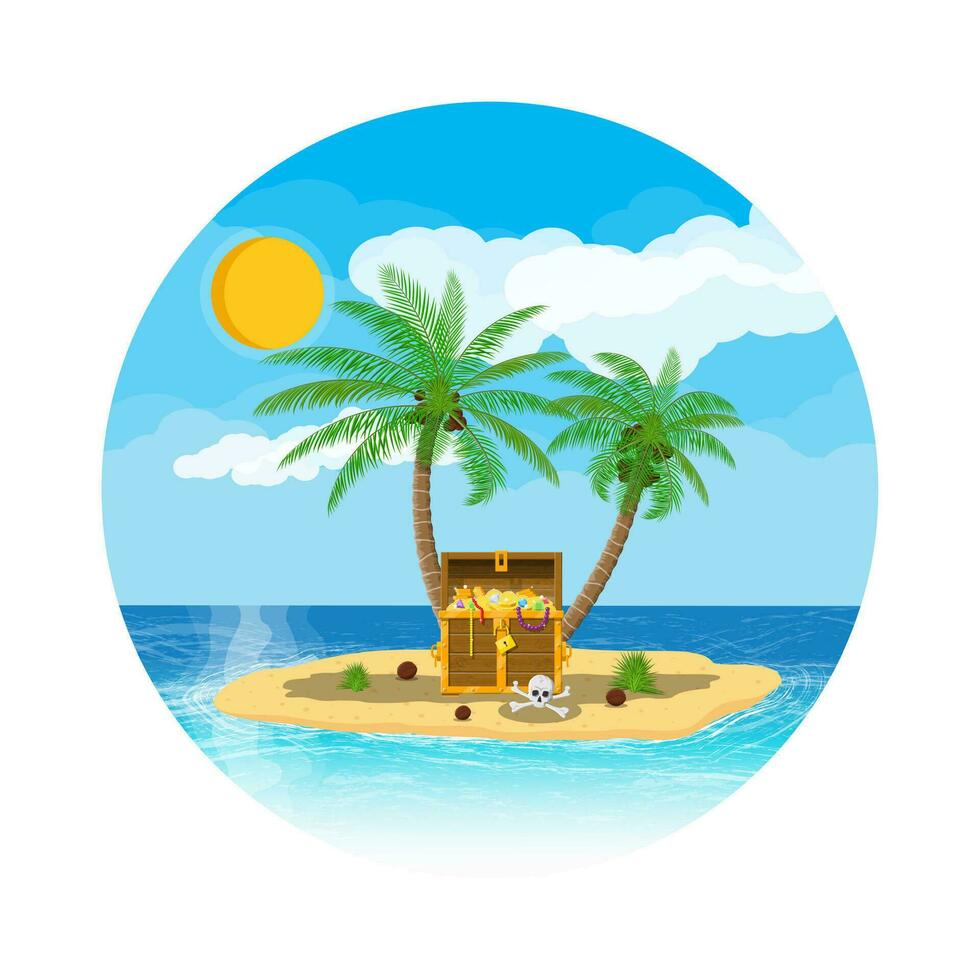 Piraten Schatz Insel mit Truhe voll von Edelsteine und Gold, Tod Schädel und Kreuzknochen. Strand mit Palme, Kokosnüsse. Meer, Wolke und Sonne. Vektor Illustration im eben Stil