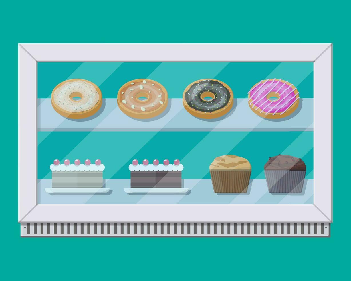 Bäckerei Geschäft Vitrin Gefrierschrank mit Kuchen und Gebäck. Krapfen, Muffin, Cupcake. Vektor Illustration im eben Stil