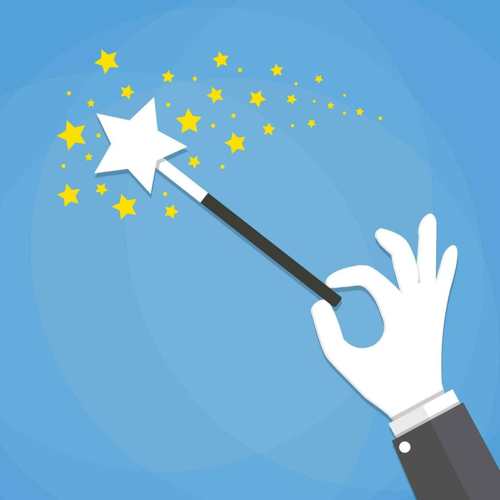 tecknad serie hand håll magi wand med stjärnor gnistor. vektor illustration i platt design på blå bakgrund