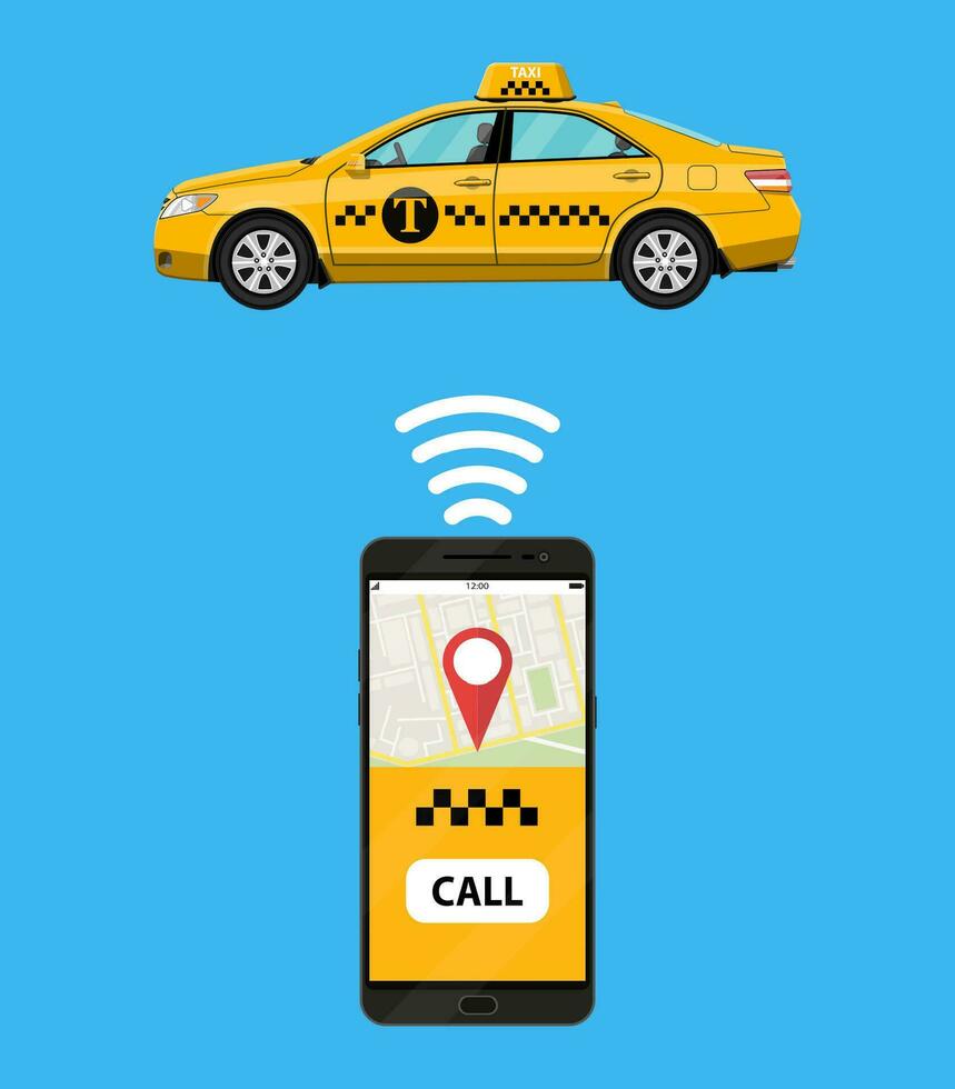Taxi Handy, Mobiltelefon App Konzept. Weiß Smartphone mit Handy, Mobiltelefon App und Gelb Taxi Wagen. Vektor Illustration im einfach eben Design