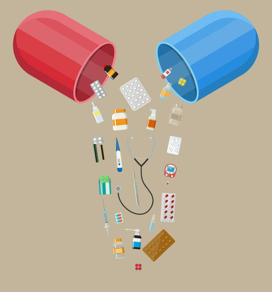 Kapsel pharmazeutische mit anders Tabletten und medizinisch Geräte innen, Pille und Pflege gesund, Gesundheitspflege. Vektor Illustration im eben Stil isoliert auf braun Hintergrund