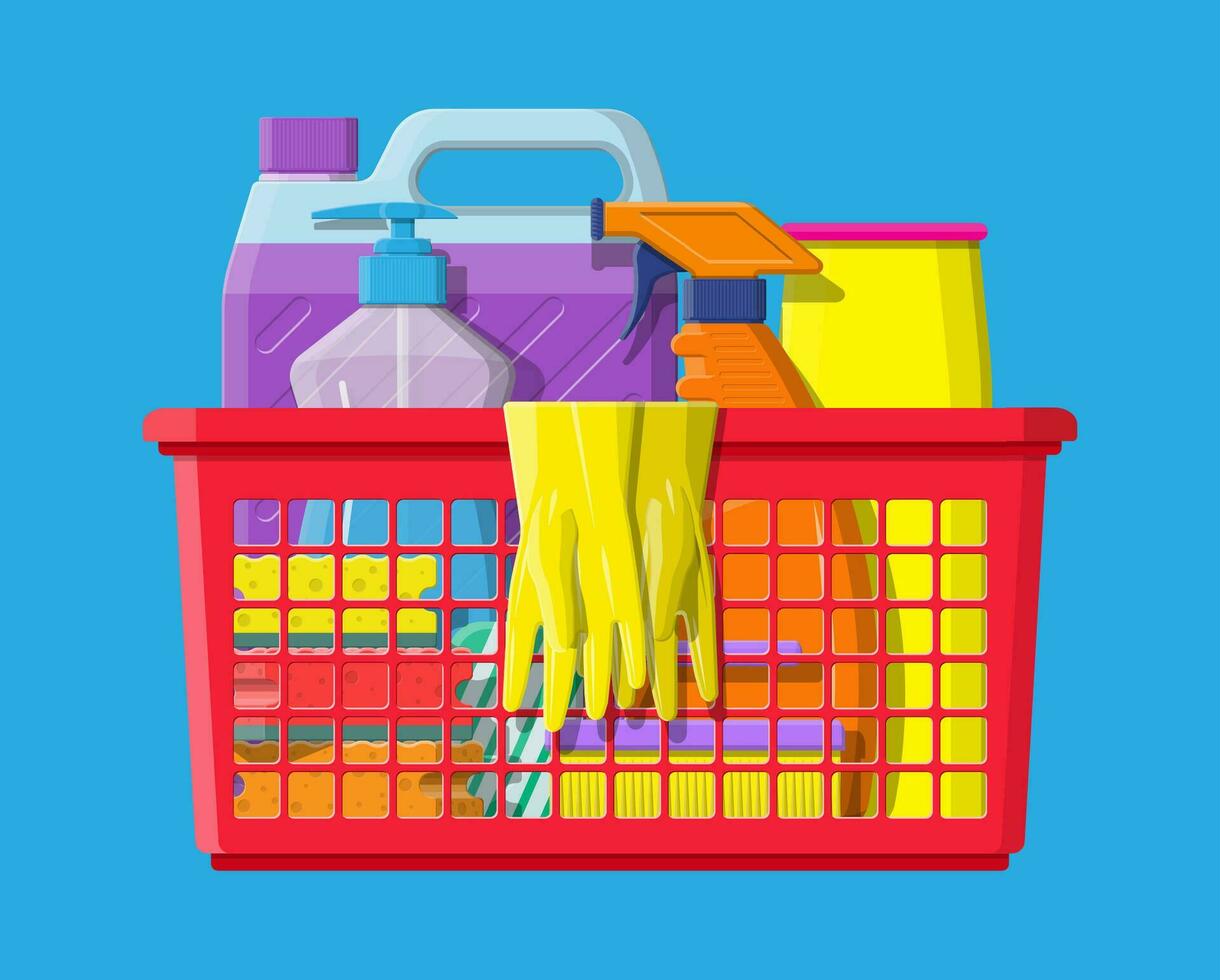 flaska av rengöringsmedel, svamp, tvål och sudd handskar. Tillbehör för tvättning maträtter och hus rengöring. diska. vektor illustration i platt stil
