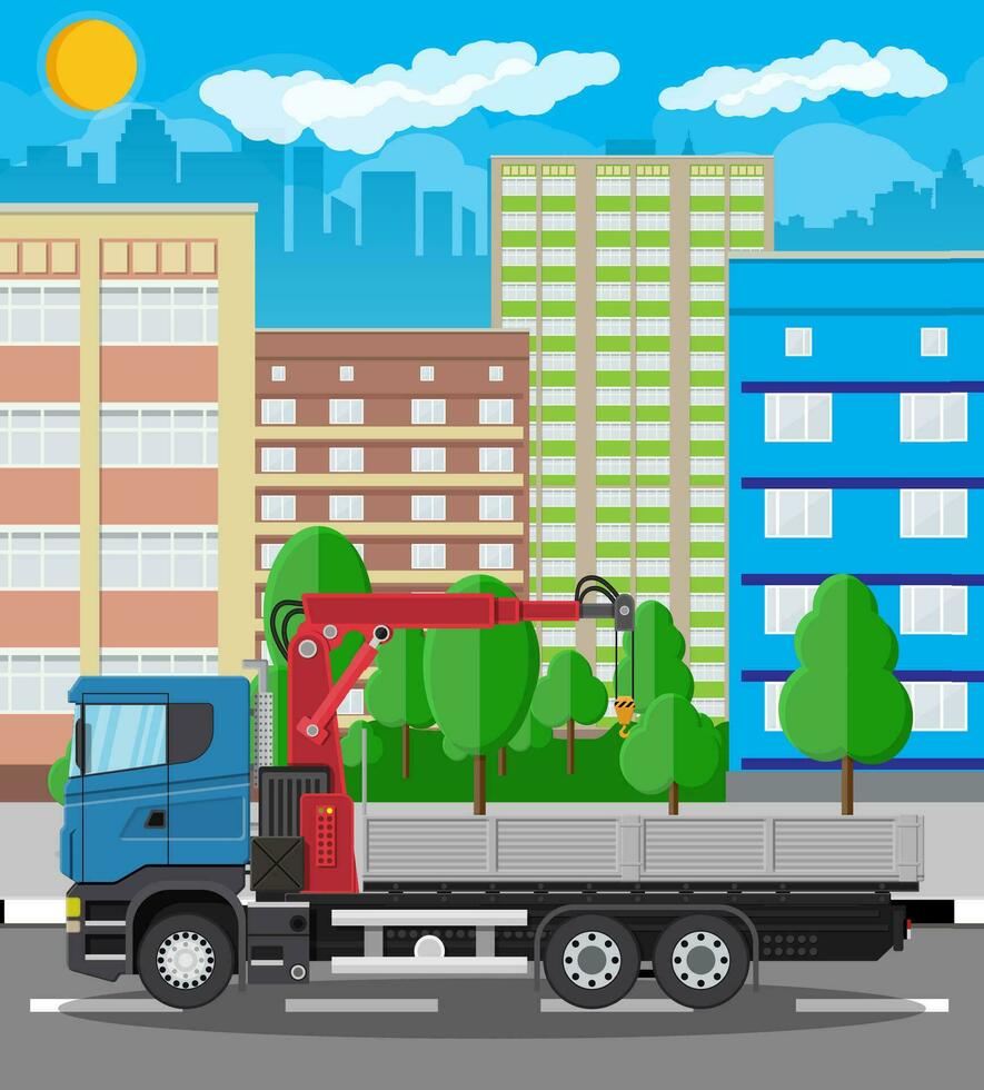 LKW mit Kran und Plattform. Ladung Lieferung LKW. Fahrzeug zum Konstruktion und Gebäude. Auto zum Transport. Anhänger Fahrzeug. Stadtbild, Straße, Gebäude, Baum, Himmel. Vektor Illustration im eben Stil