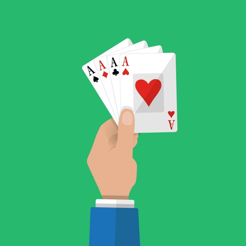 vier Asse von Poker im Hand. Glücksspiel Unterhaltung. Karte Spiel. Vektor Illustration im eben Stil auf Grün Hintergrund