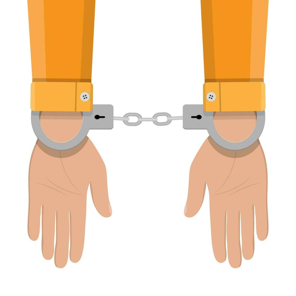 Mensch Hände im Silber Handschellen. Vektor Illustration im eben Design auf Weiß Hintergrund
